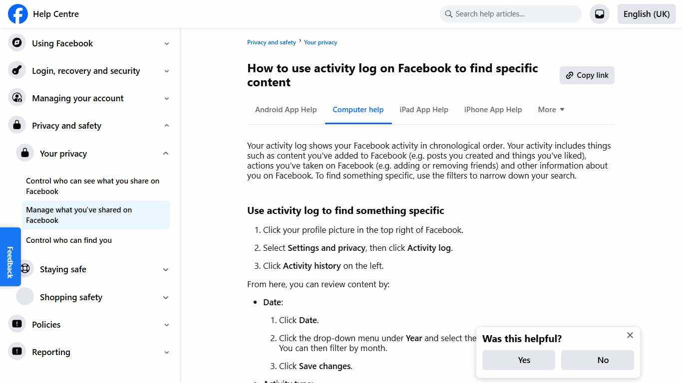 How to use activity log on Facebook to find specific content Facebook Help Centre